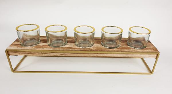 Kerzenhalter Teelichthalter 5er aus Glas, Metall und Holz